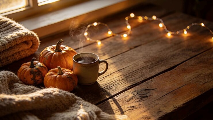 Catching sunlight, steam rising above mug on wood tabletop by window, with pumpkins, string lights