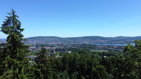 zurich city aerial reveal - drone view dolly in from between trees