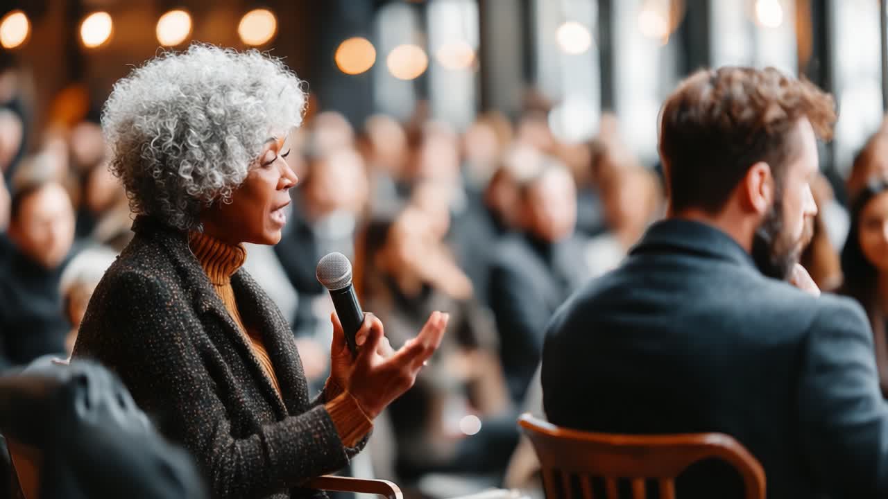 Engaging Discussion on Stage: An Audience's Captivating Attention as a Speaker Shares Insightful Thoughts During a Thought-Provoking Event