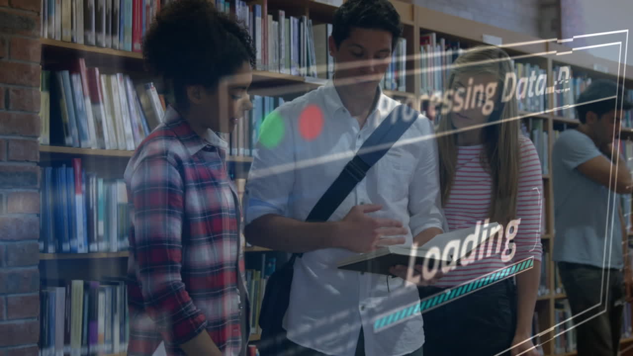 animación del procesamiento de datos en diversos estudiantes que aprenden en la biblioteca