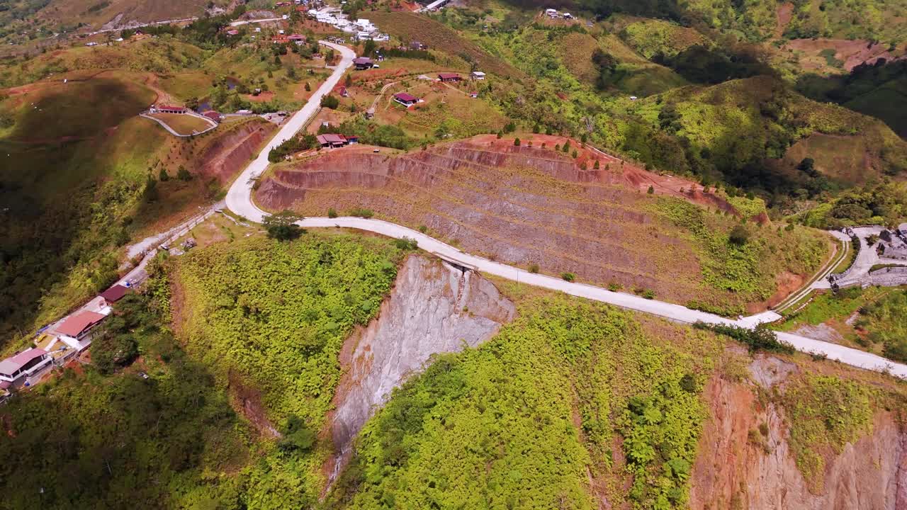 Aerial 4K footage showing a winding mountain road, hillside homes, terraced slopes, and a dramatic cliff drop surrounded by lush green highland terrain
