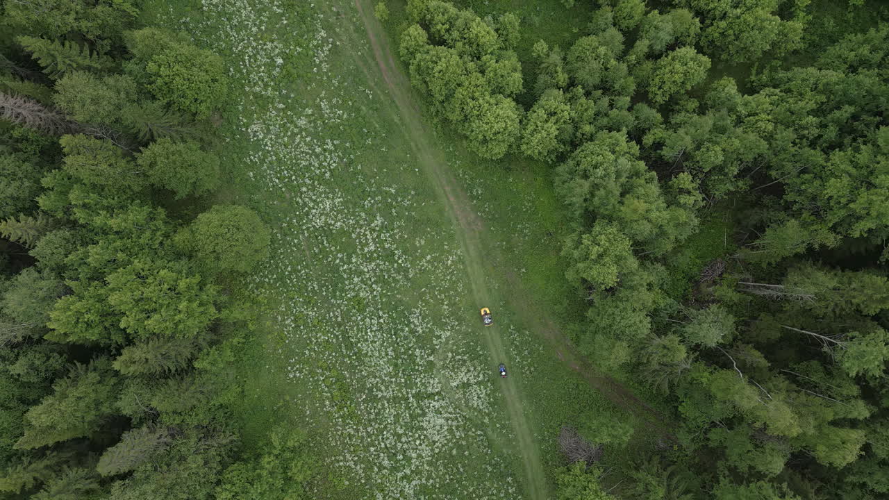 atv 에 있는 사람 들 과 함께 숲 길 의 공중 사진