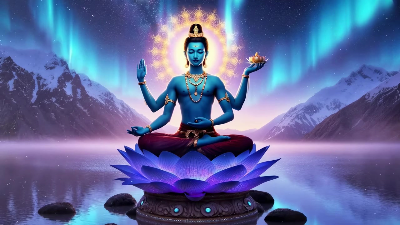 Divindade Espiritual Meditando em Lótus Azul em Paisagem Mística de Aurora