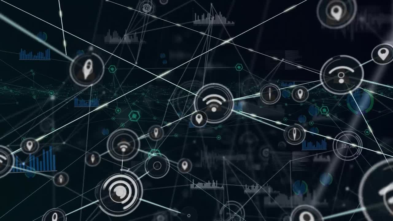 Animation of data processing and icons over black background