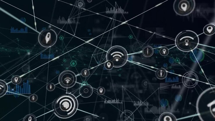 Animation of data processing and icons over black background