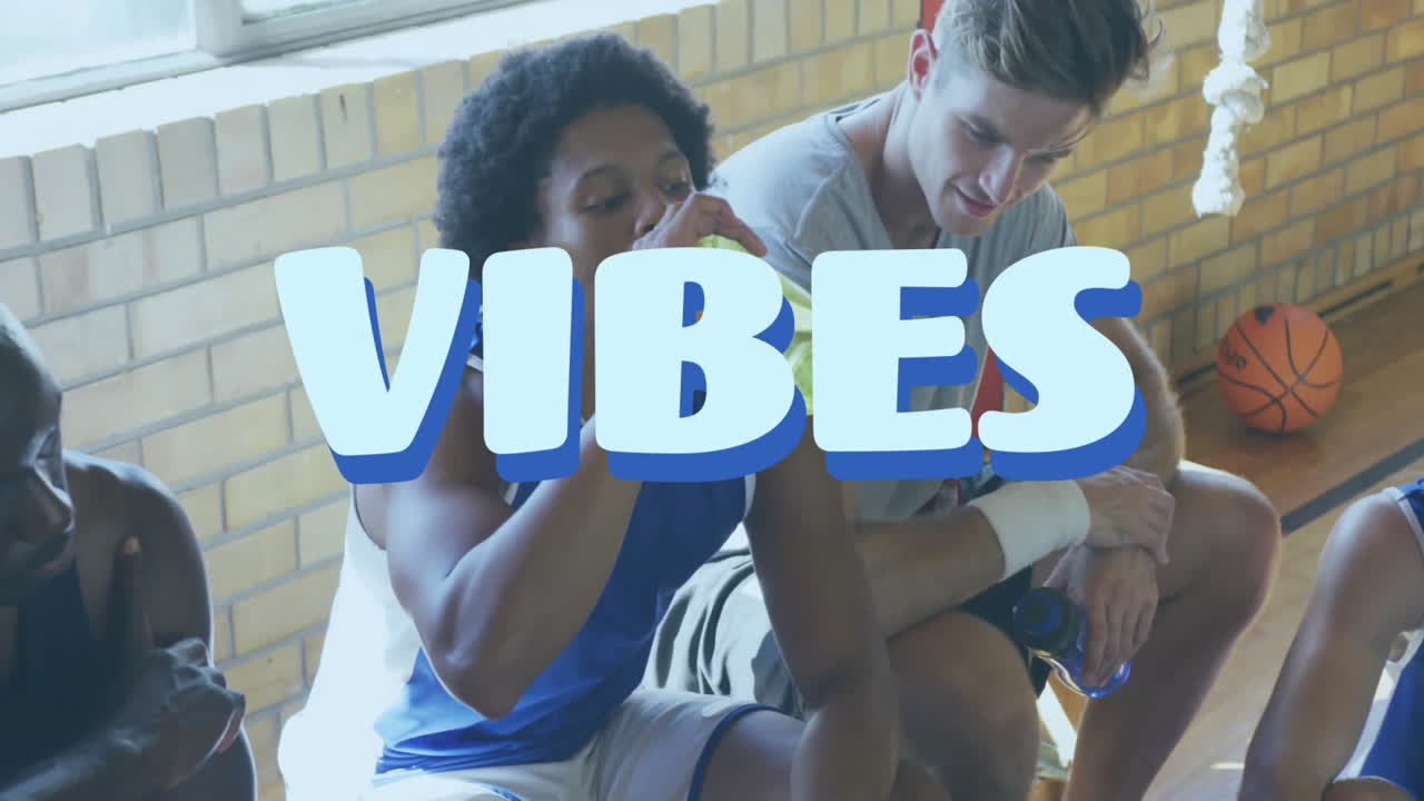 Male basketball teammates sipping water on gym bench, with animated fitness metrics floating above