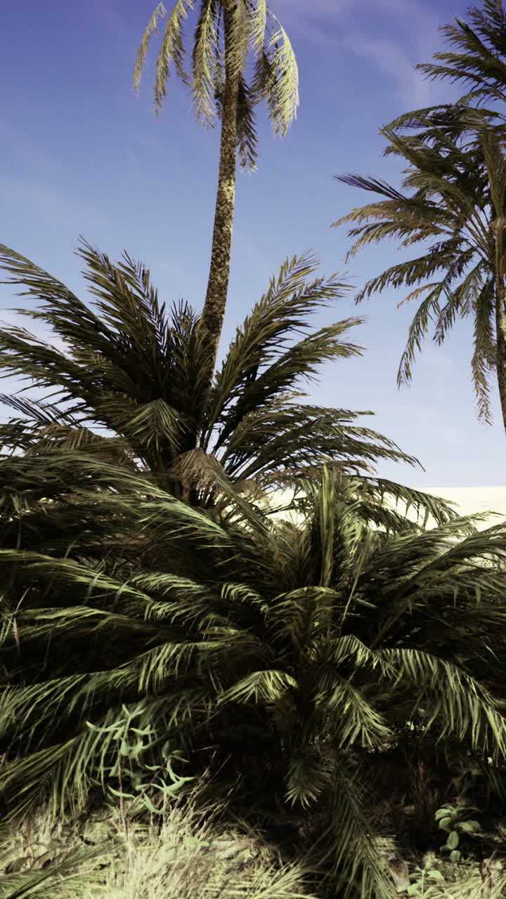 Tall palm trees stand in a sunny area with blue sky above them