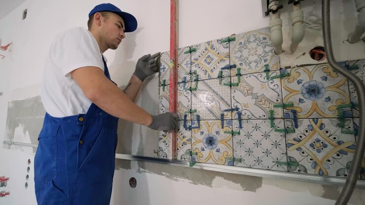 Installing ceramic floor tiles - measuring and cutting the pieces. Construction, renovation, repair apartment. Cuts tile. Tile cutting