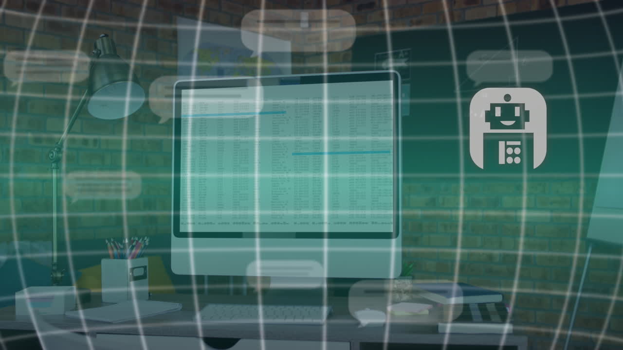 animación de un procesamiento de datos y iconos en la pantalla de la computadora