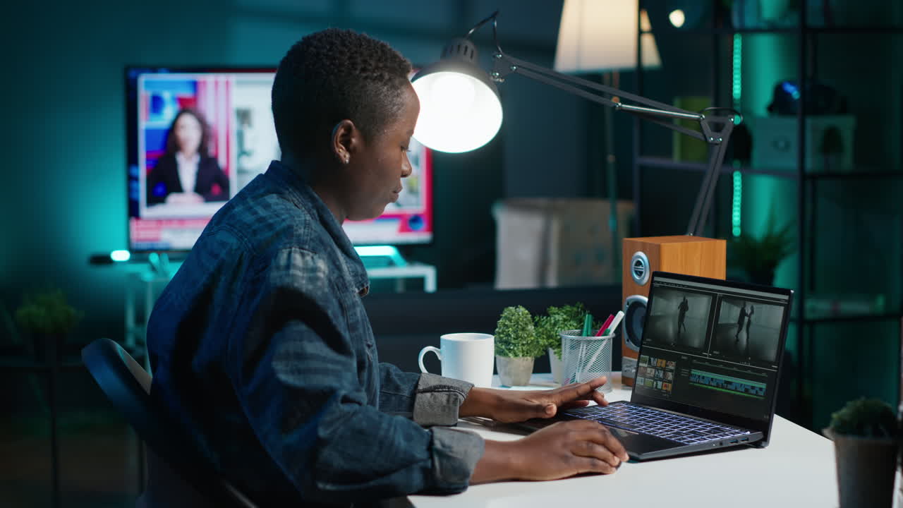 mujer trabajando en la edición de video en casa por la noche
