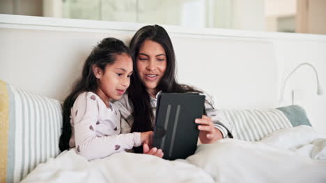 mother, child and laugh with tablet in bedroom