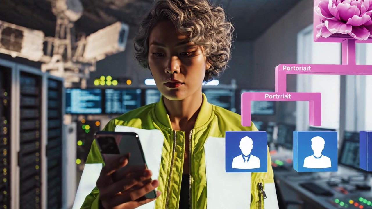A Focused Individual in a Neon Yellow Jacket Analyzes Data and Connectivity Trends in a Modern Control Room Surrounded by Advanced Technology and Graphics