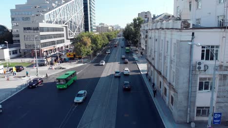 city street with construction and tram tracks