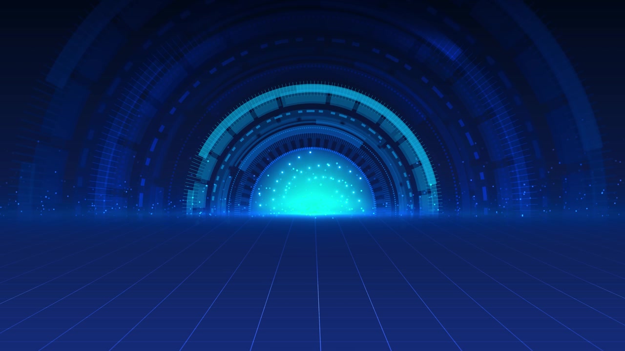 Visuel af en sci-fi blå gitterport med en lysende cirkulær grænseflade, mørk horisont og et rent perspektiv.