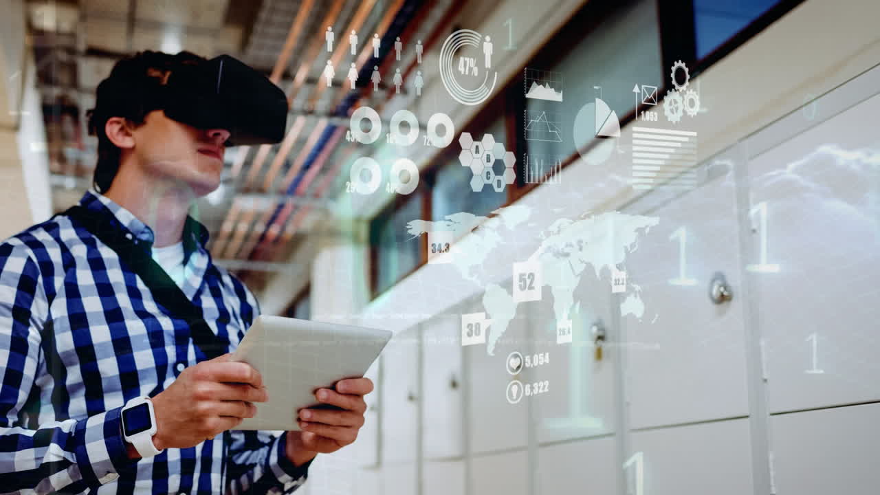 가상 현실 헤드과 태블릿을 사용하여 디지털 데이터 시각화와 상호 작용하는 사람