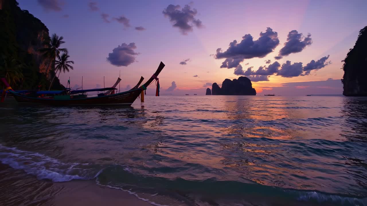 Una serena scena di spiaggia al tramonto, con una ripresa dal basso, che cattura barche tradizionali e palme