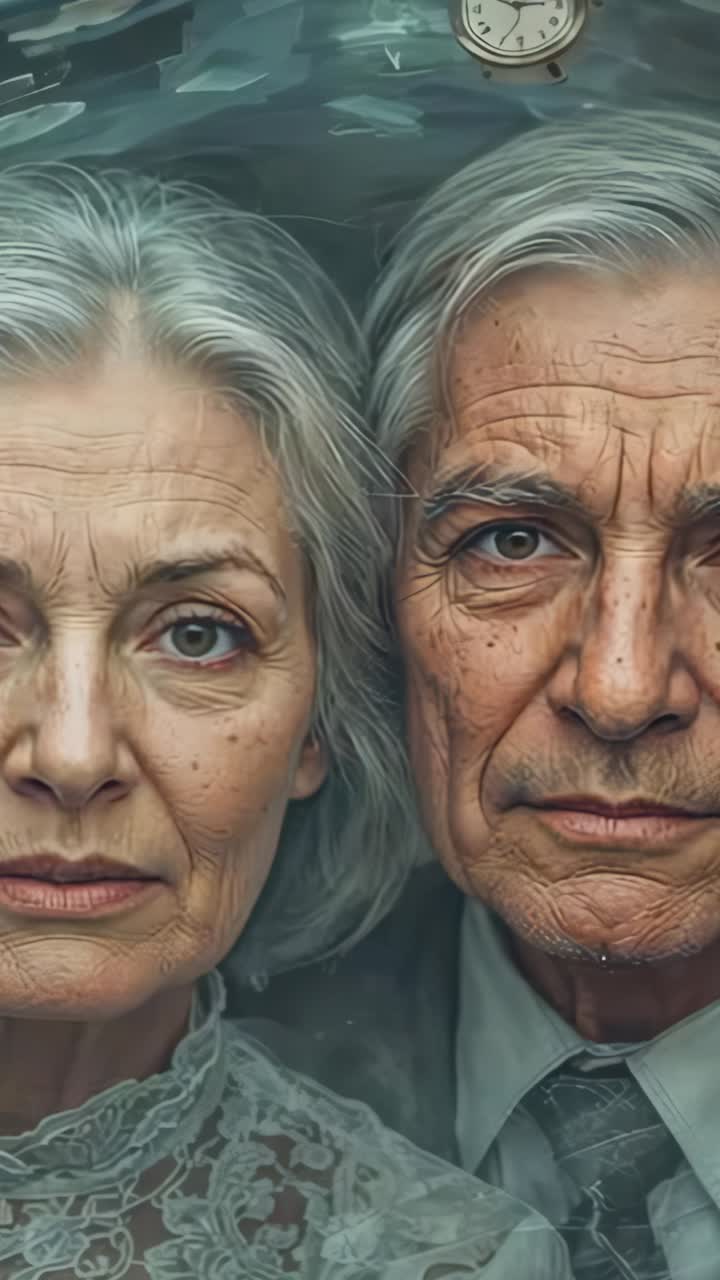 Vertical video: Opening frame showing elderly couple standing in studio with analog clock overlay