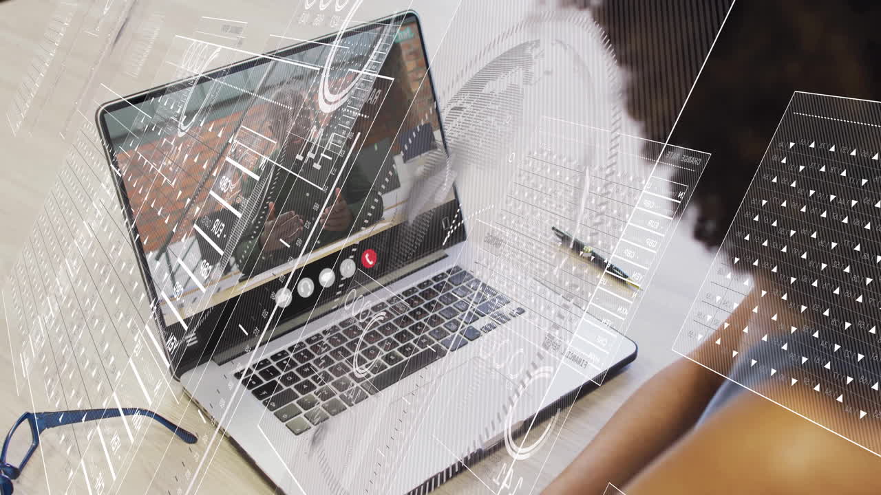 Showing animation of digital data processing, laptop on video call interface