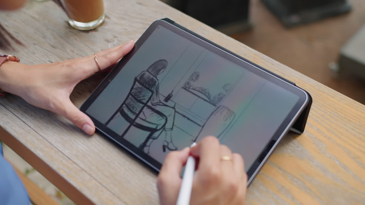 Unrecognizable Woman Making Sketch of Herself on Tablet