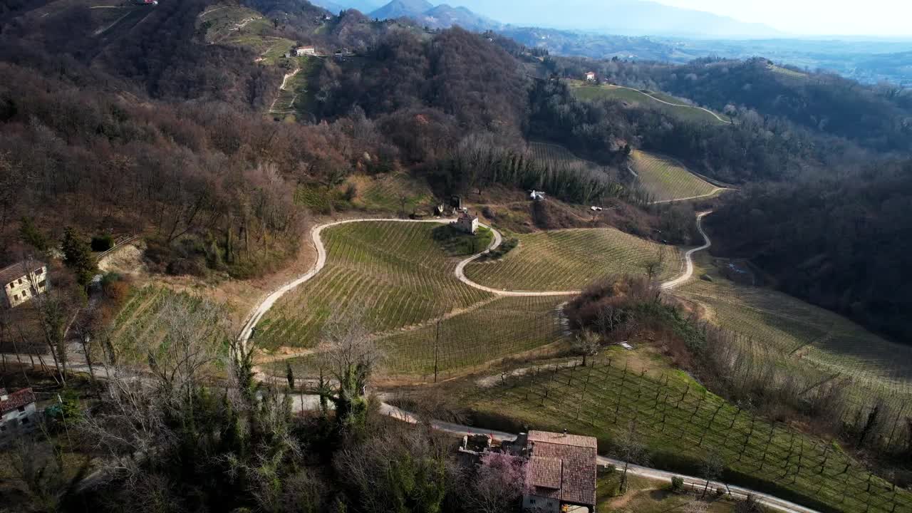 Aerial landscape view of a road winding through vineyard rows in the prosecco hills, Italy, on a winter day