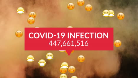 animación de texto de infección por covid, con número creciente, emojis que caen y polvo de color, en negro