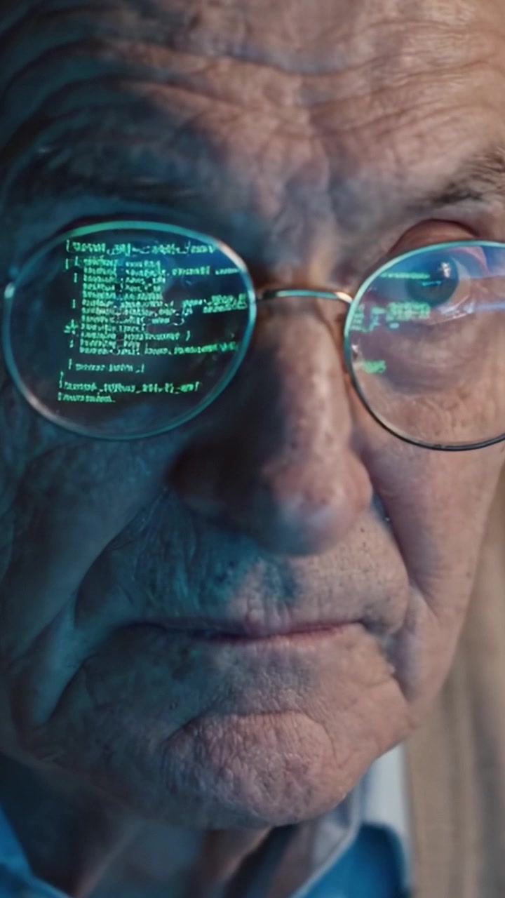 Elderly Man Engaged in Deep Thought While Analyzing Complex Data on a Computer Screen, Showcasing Wisdom and Curiosity in a Modern Digital Era