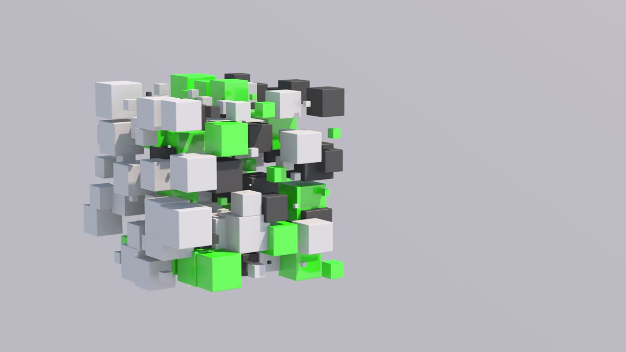 белые, зеленые, серые кубики летают и трансформируются. абстрактная анимация, 3d-рендер.