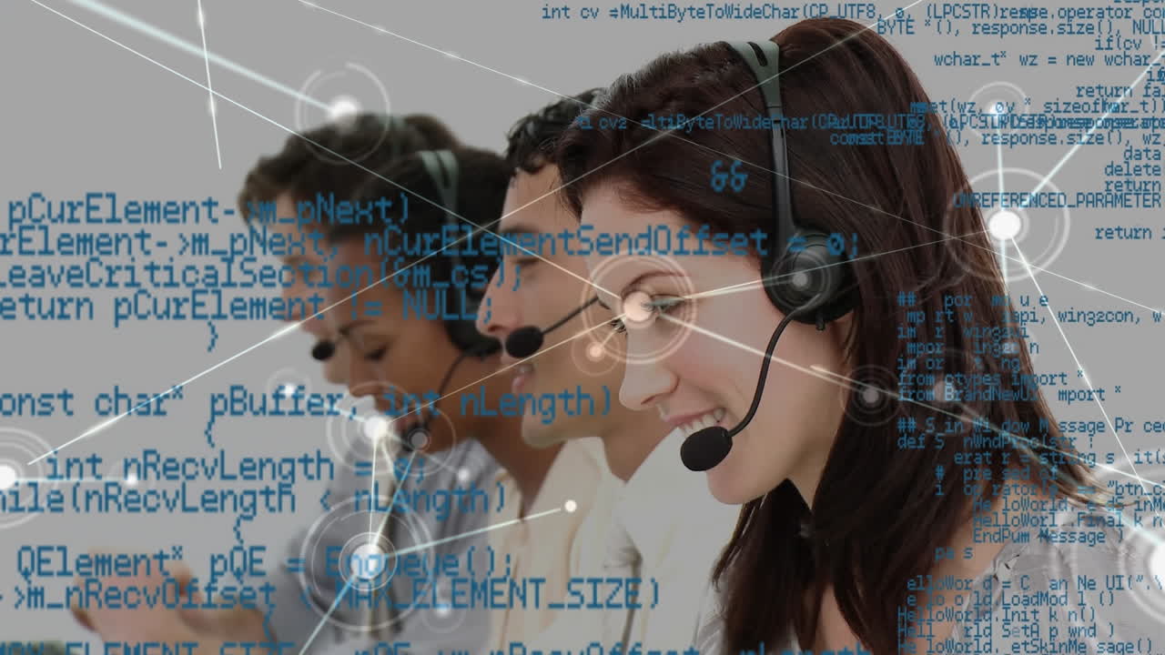 Animation of network of connections over diverse business people in office