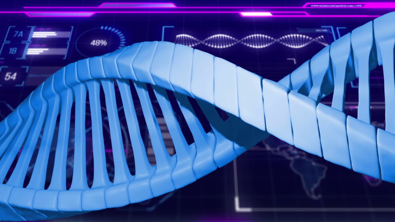 Animation of dna strand over data processing on black background