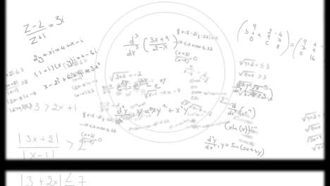 Animation-of-scope-over-mathematical-equations-on-vintage-film-on-white-background