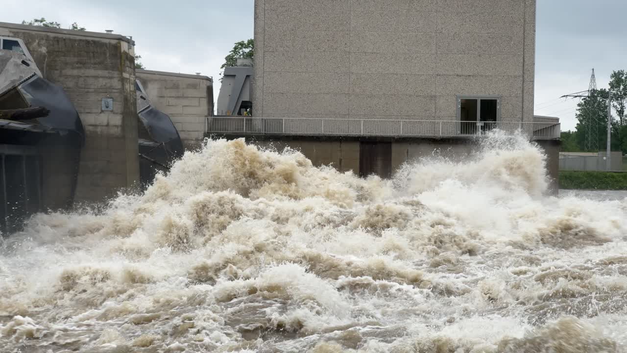 Wild river donau during flood 2024 barrage bergheim near ingolsadt, bavaria germany