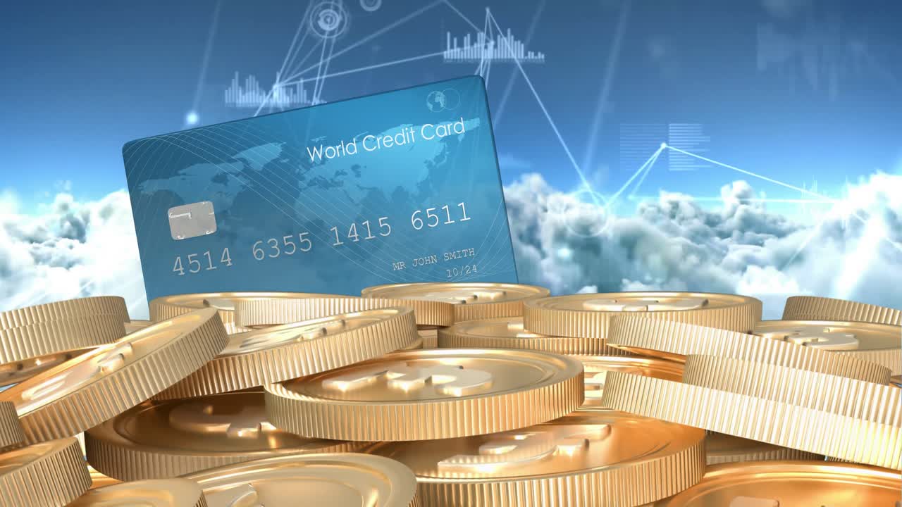 연결 네트워크를 통해 신용 카드의 애니메이션과 유로 동전의 스택