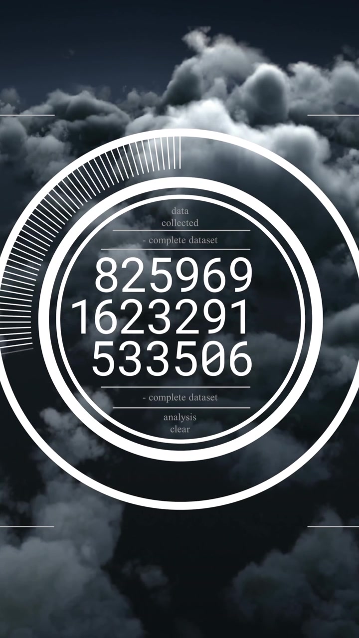 Animation of data processing over round scanner against dark clouds in the sky