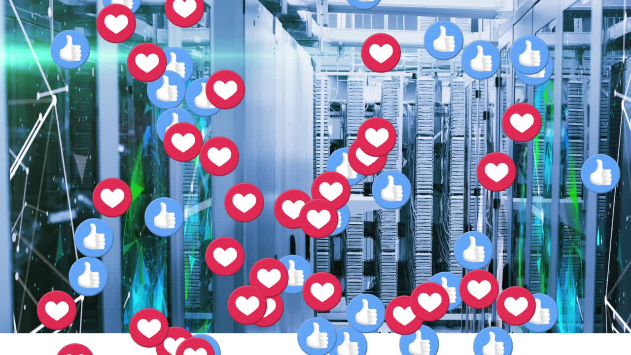 여러 개의 심장과 같은 이모티콘이 빈 서버  ⁇  위에 떠다니며 스크린이 웹을 보여줍니다.