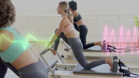 heart rate animation over women exercising on pilates reformers in fitness studio