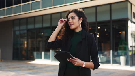 tablet, smile and businesswoman walking