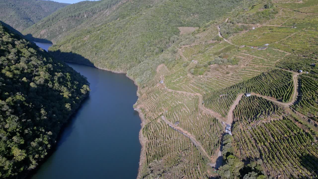 Panoramica aerea mozzafiato del canyon del Sil e della Ribeira Sacra, con ombre proiettate sull'acqua.