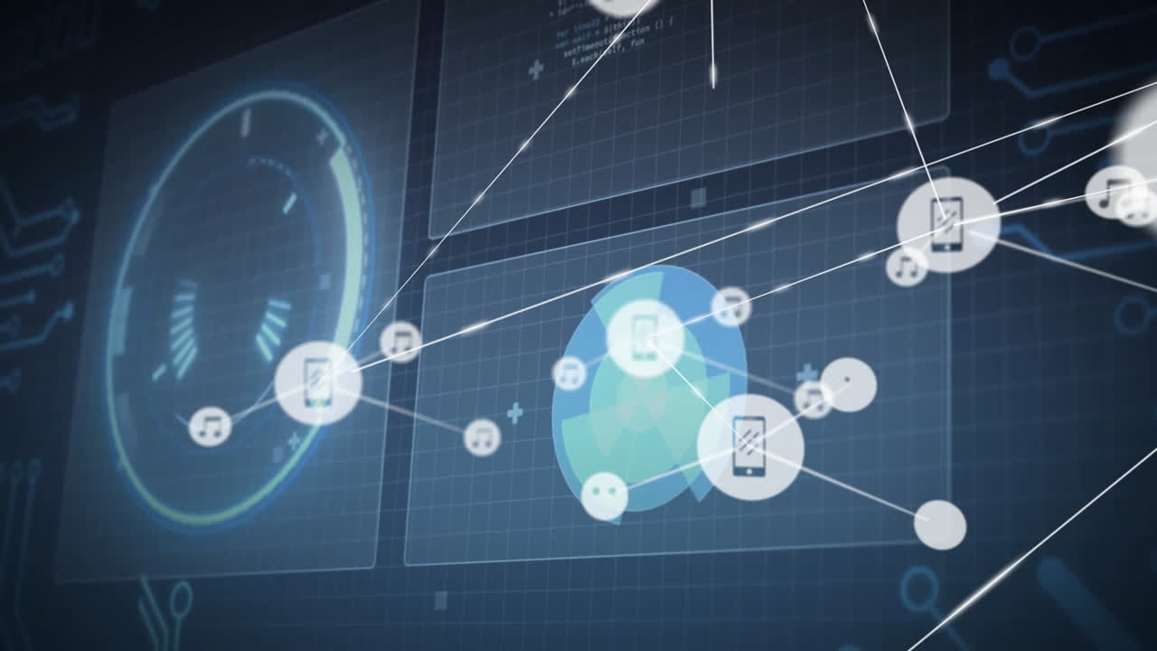 Digital network of connected devices and data processing animation on blue grid