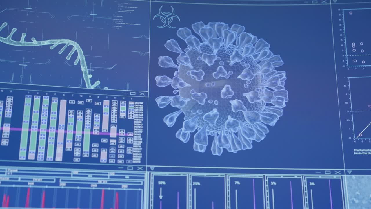 esqueletos humanos, cerebros y modelos de coronavirus en la pantalla de la computadora. en busca de daños. investigación de laboratorio futurista