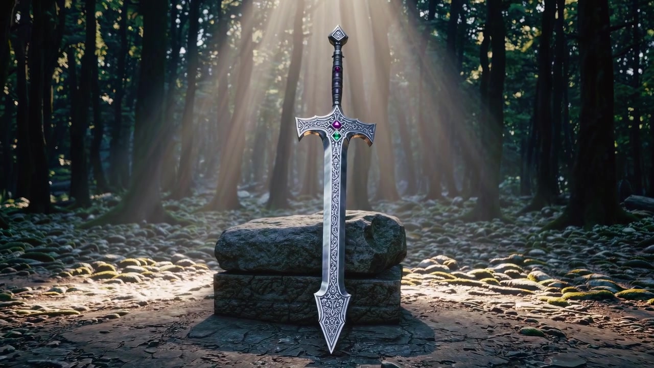 Ornate Fantasy Sword in a Magical Forest with Sunbeams