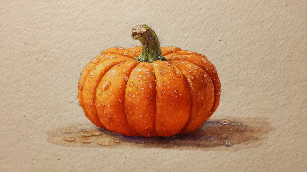 A vibrant and fresh-looking pumpkin glistening with droplets of water, capturing the essence of autumn harvest with its bright orange hue and textured surface, perfect for seasonal decor