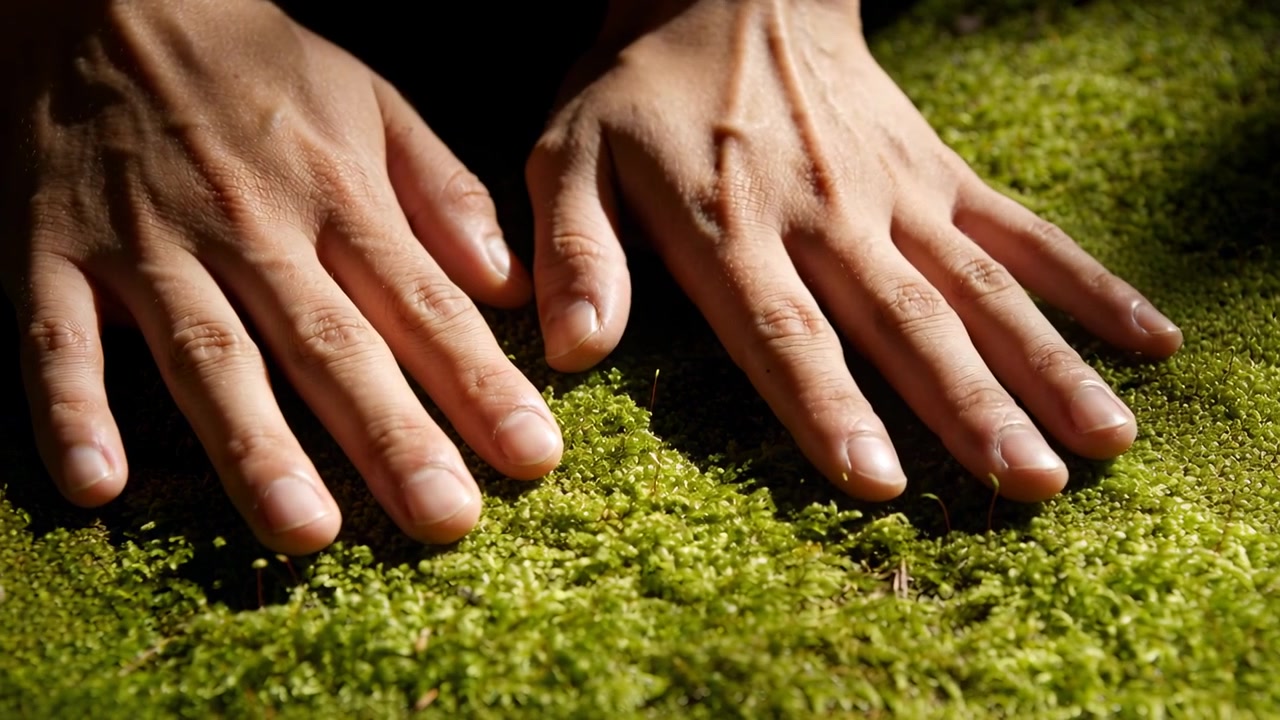 Moving into frame, bare hands pressing onto forest moss, feeling texture with twigs