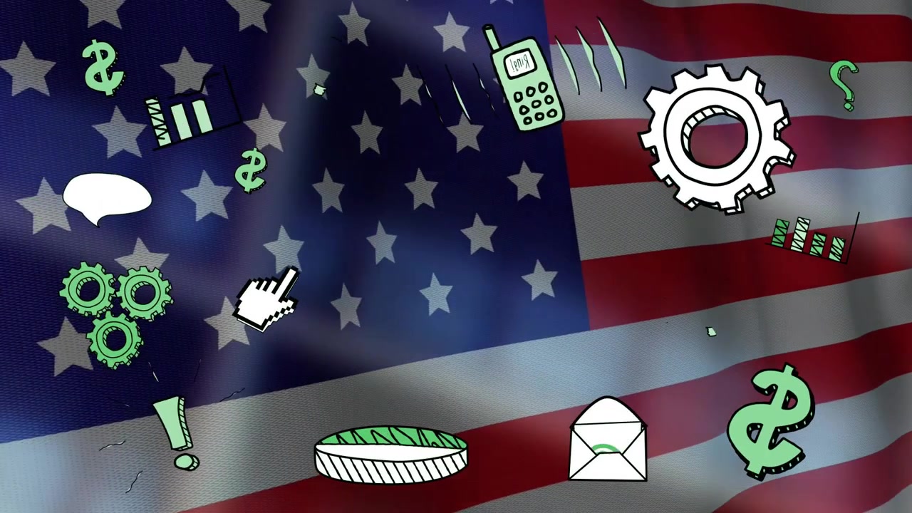 Bandiera statunitense che sventola, con icone doodle che si animano, una busta che si apre, un telefono che vibra, mostrando la finanza.