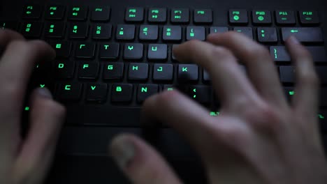 typing with hands on mechanical keyboard green light, coding writing