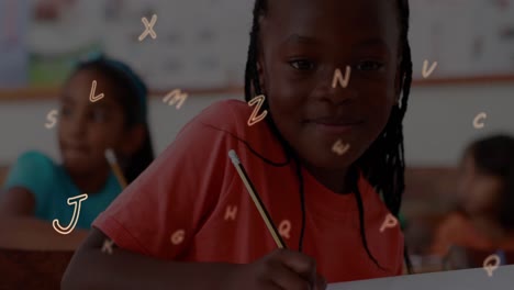animation of letters changing over smiling schoolgirl wiritng