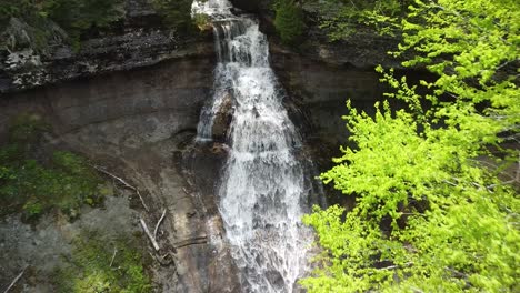 Beautiful-Aerial-Waterfall-Pan,-Chapel-Falls,-Pictured-Rocks-National-Lakeshore