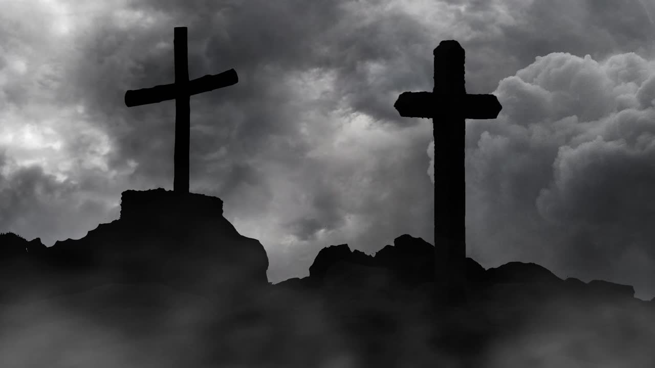 4k 실루 ⁇ , 바위 언덕 폭풍의 배경에 십자가에 못박혔다