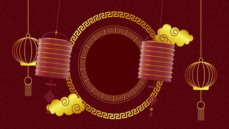 Animation-of-lanterns-and-chinese-pattern-with-copy-space-on-red-background