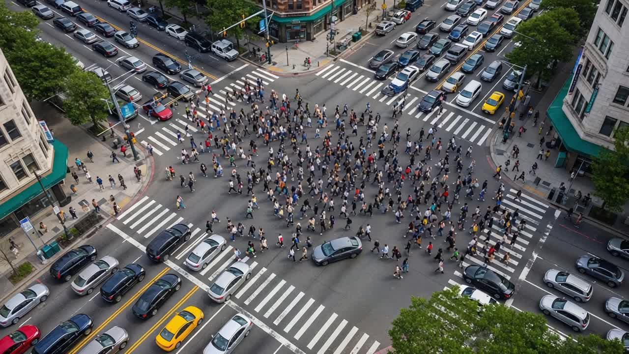 Aerial View of a Busy Urban Intersection Filled with Pedestrians Crossing the Street Amongst Heavy Traffic, Highlighting the Hustle and Bustle of City Life