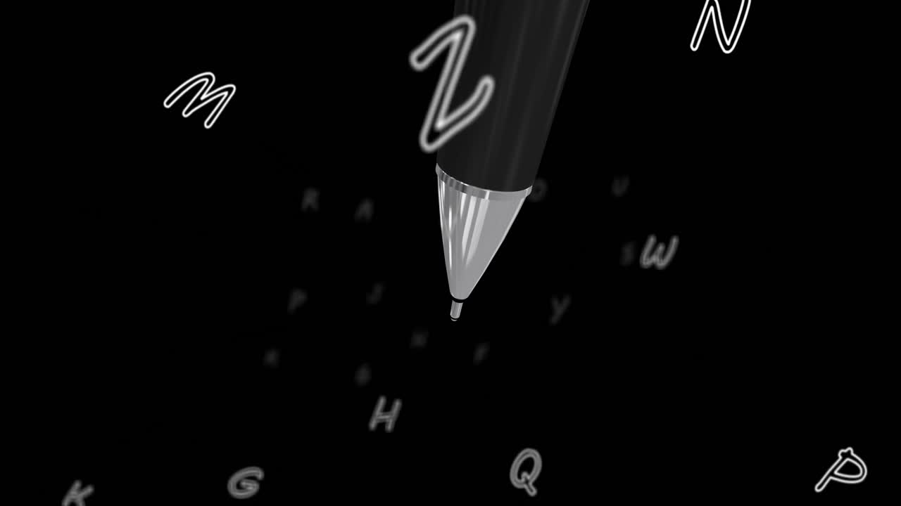 Animation of pen and letters on black background